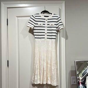 Amazon Zessica Cream with Navy stripes Fit and Flare Dress with Short Sleeves